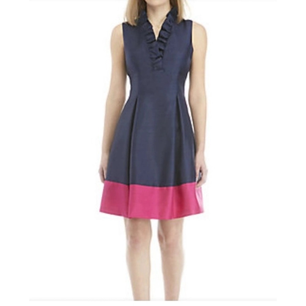 Jessica Howard Navy Blue Pink Colorblock Ruffle Neck Taffeta Dress 16